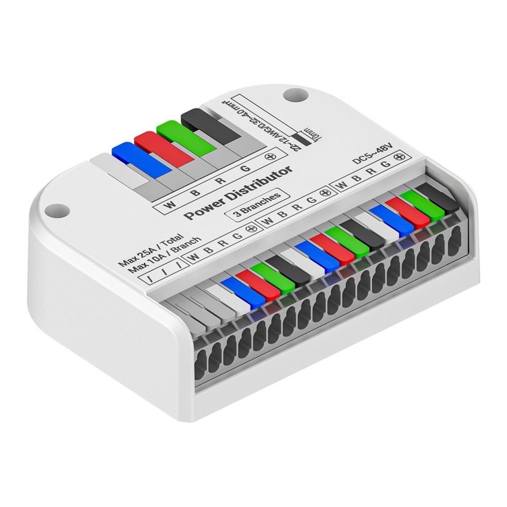 RGBW power distribution box with colour-coded push-in terminals for three LED strips